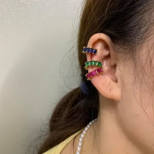 1 Piece C-Shaped Ear Cuff, Gold Tone, Green CZ Crystal Pave, No Piercing Clip On Earring for Women