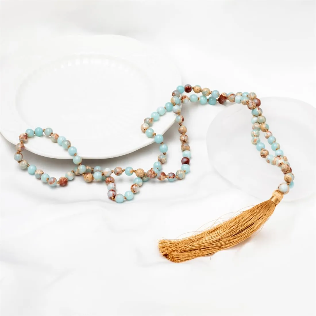 108 Mala Beads Necklace Natural Stones Meditation Necklace 108 Hand Knotted Japa Mala Beaded Tassel Necklace