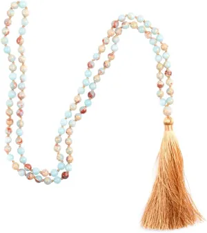108 Mala Beads Necklace Natural Stones Meditation Necklace 108 Hand Knotted Japa Mala Beaded Tassel Necklace