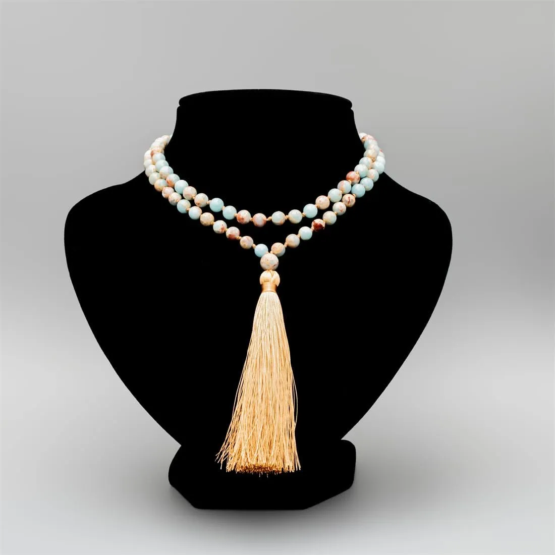 108 Mala Beads Necklace Natural Stones Meditation Necklace 108 Hand Knotted Japa Mala Beaded Tassel Necklace