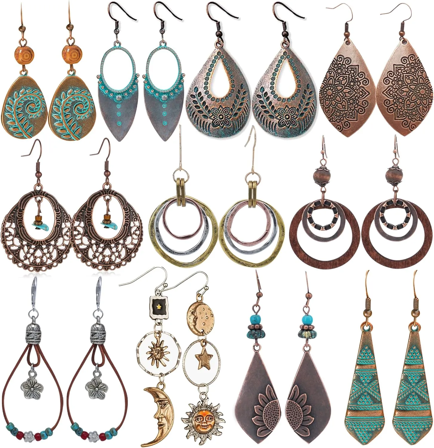 11 Pairs Vintage Drop Dangle Earrings for Women Boho Earring Jewelry Set Retro Flower Dangly Earring Teardrop Sun and Moon Earrings for Mother's Day Christmas
