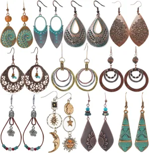 11 Pairs Vintage Drop Dangle Earrings for Women Boho Earring Jewelry Set Retro Flower Dangly Earring Teardrop Sun and Moon Earrings for Mother's Day Christmas