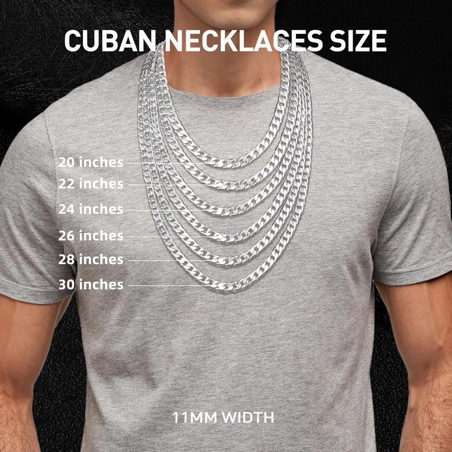 11MM Cuban Link Chain for Men Silver Chains for Men, 316L Stainless Steel and 925 Sterling Silver Filled, Sliver Mens Chain, Available In 20/22/24/26/28/30 Inches, Black Silver Mens Necklaces