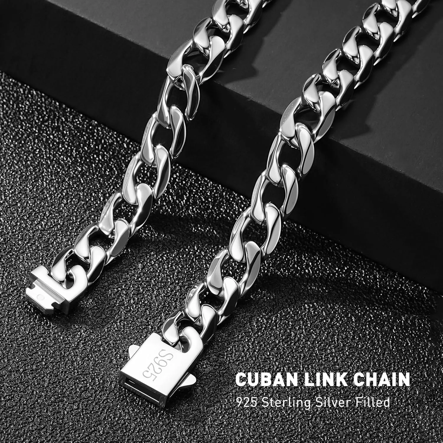 11MM Cuban Link Chain for Men Silver Chains for Men, 316L Stainless Steel and 925 Sterling Silver Filled, Sliver Mens Chain, Available In 20/22/24/26/28/30 Inches, Black Silver Mens Necklaces