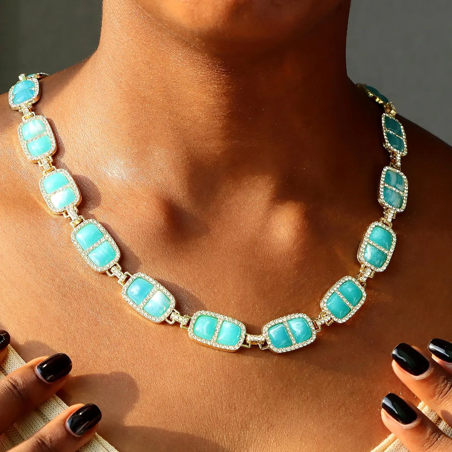 12 Colors Diamond Stone Gold Necklace for Women Full Trendy Blue Birthstone Choker Necklace for Women Mothers Square Design Necklace Birthday Jewelry