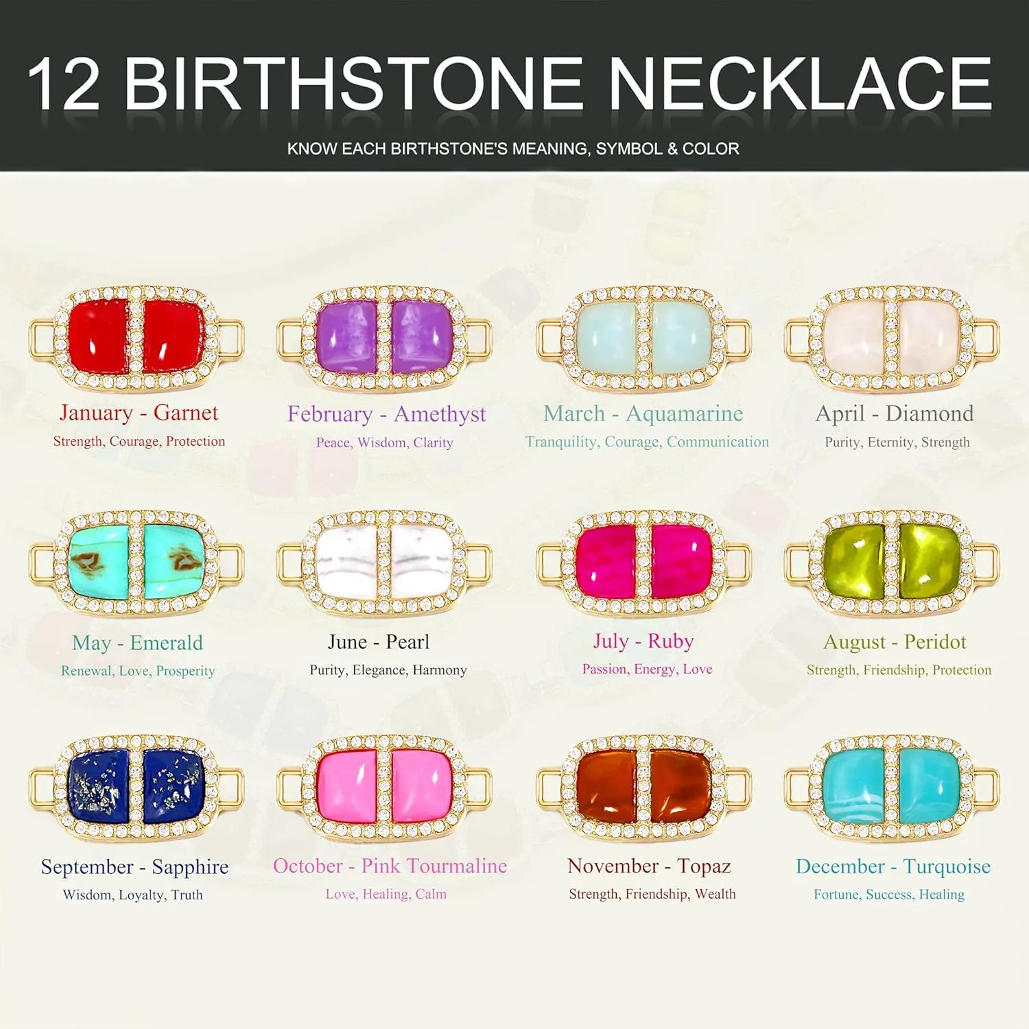 12 Colors Diamond Stone Gold Necklace for Women Full Trendy Blue Birthstone Choker Necklace for Women Mothers Square Design Necklace Birthday Jewelry