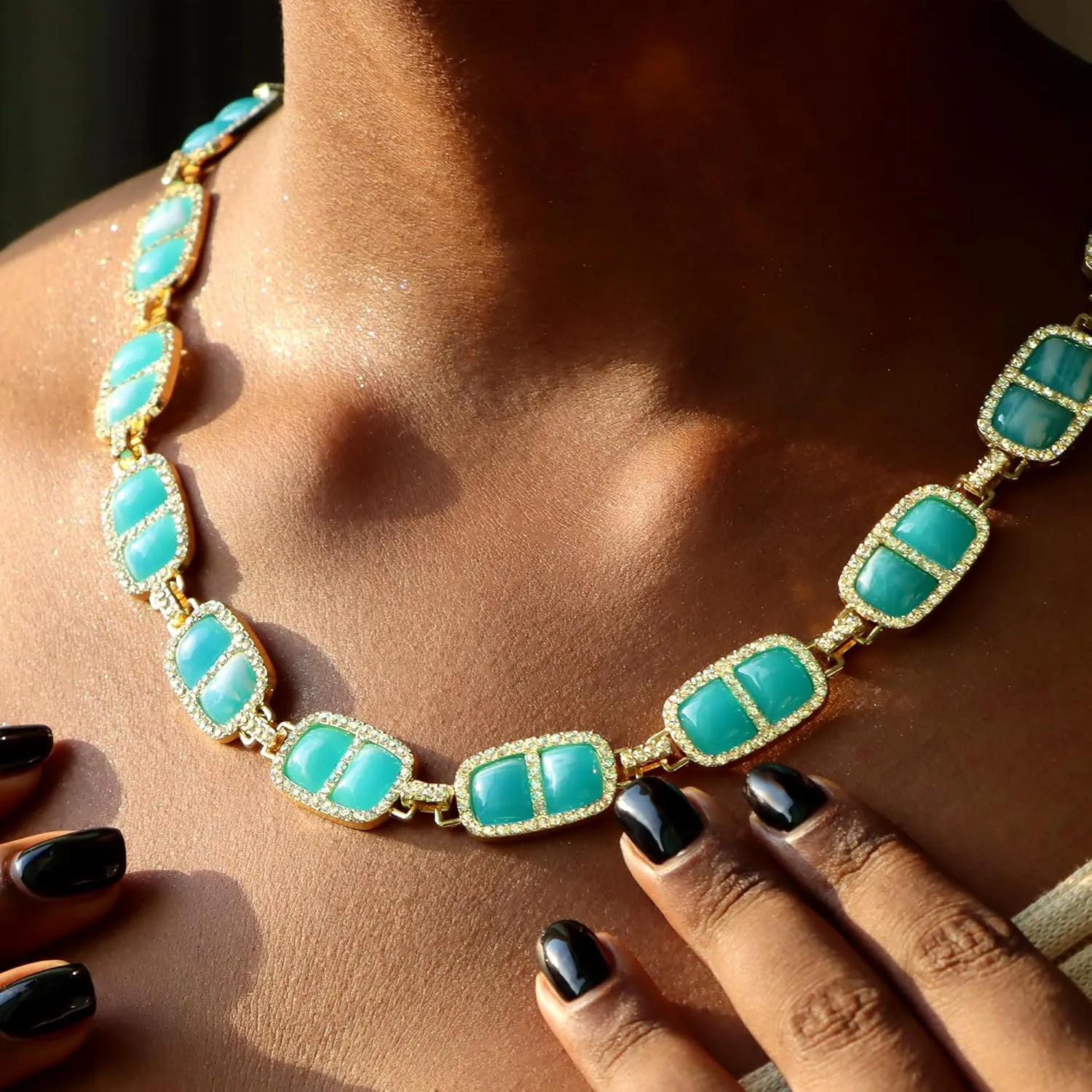 12 Colors Diamond Stone Gold Necklace for Women Full Trendy Blue Birthstone Choker Necklace for Women Mothers Square Design Necklace Birthday Jewelry
