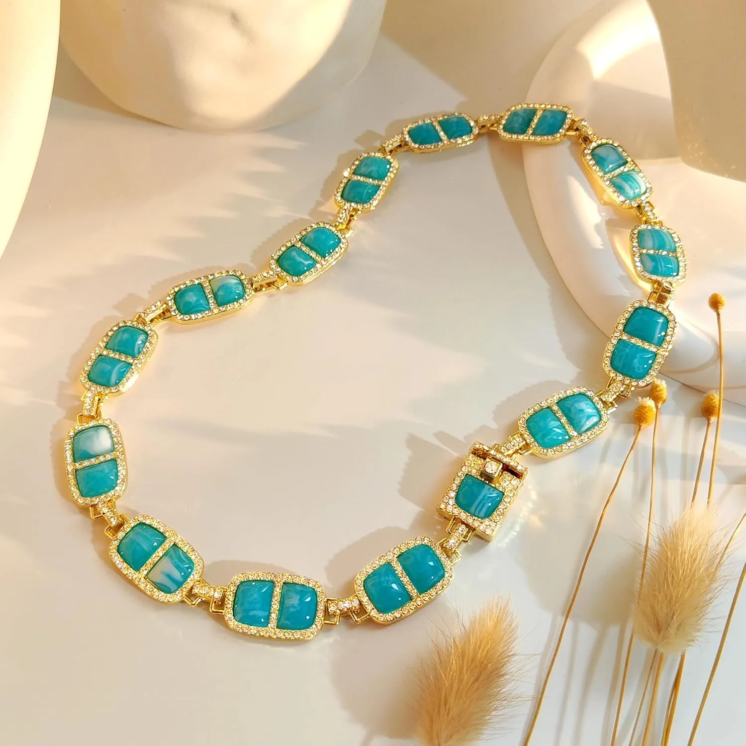 12 Colors Diamond Stone Gold Necklace for Women Full Trendy Blue Birthstone Choker Necklace for Women Mothers Square Design Necklace Birthday Jewelry