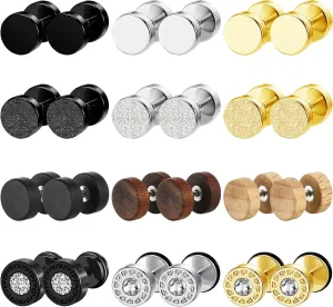 12 Pairs Stainless Steel Stud Earrings for Men Faux Gauges Earring Hypoallergenic Earring Flatback Dot Studs Screw Back Earrings for Women Men