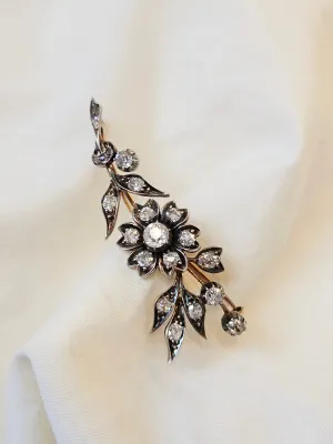 12k Solid Yellow Gold & Silver Antique Diamond Flower Brooch