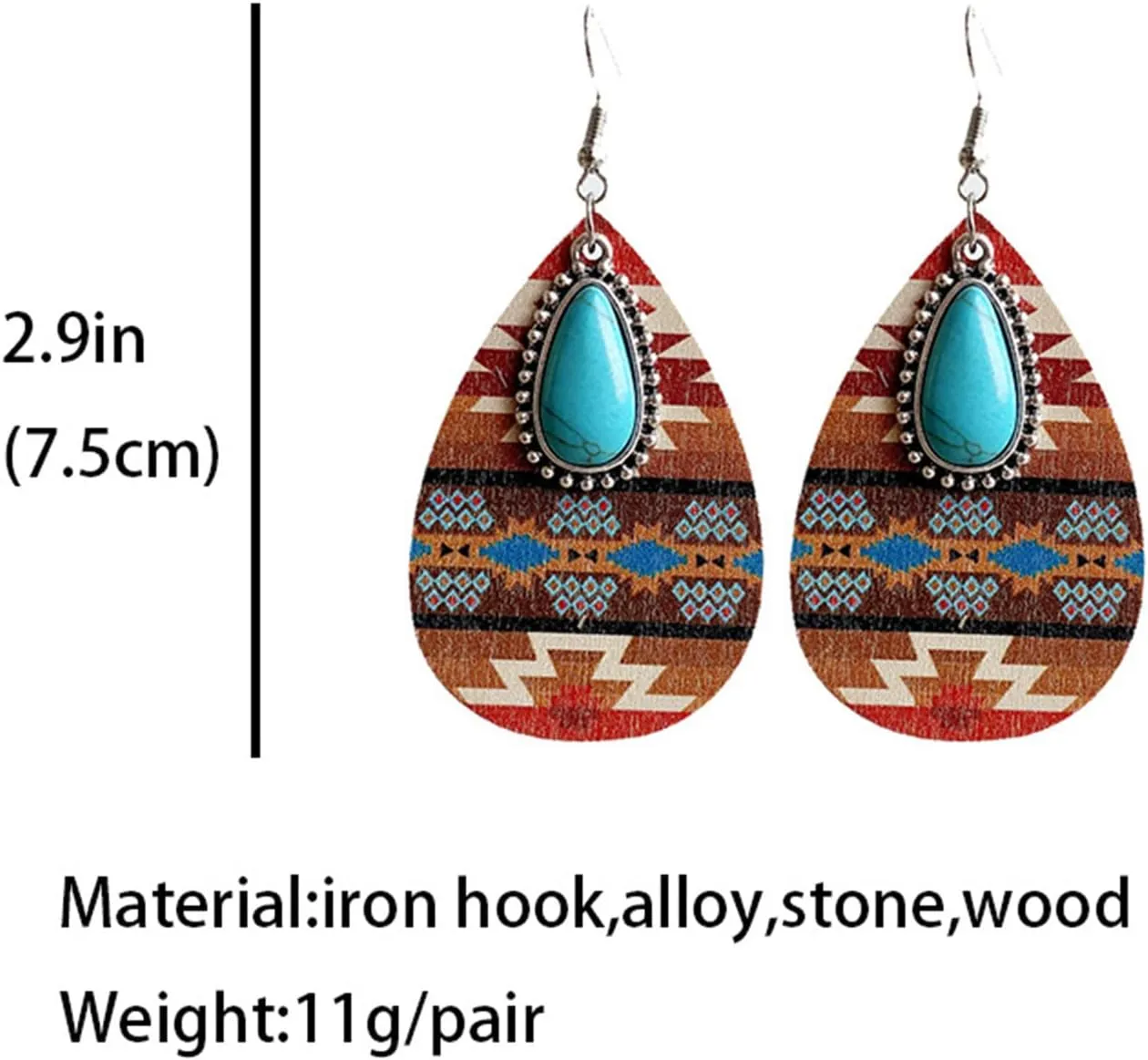 1/3 Pairs Set Western Cowgirl Cowboy Teardrop Drop Dangle Earrings Boho Turquoise Wooden Leather Earrings for Women Jewelry Gifts Aztec Pattern Boho Vintage Handmade