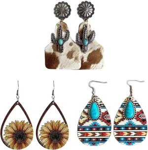 1/3 Pairs Set Western Cowgirl Cowboy Teardrop Drop Dangle Earrings Boho Turquoise Wooden Leather Earrings for Women Jewelry Gifts Aztec Pattern Boho Vintage Handmade