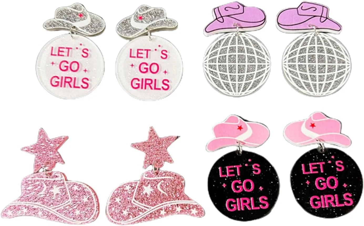 1/4 Pairs Set Western Earrings Cowgirl Cowboy Drop Dangle Earrings for Women Disco Ball Acrylic Earring Y2k Jewelry Party Outfits Accessories Hat Lets Go