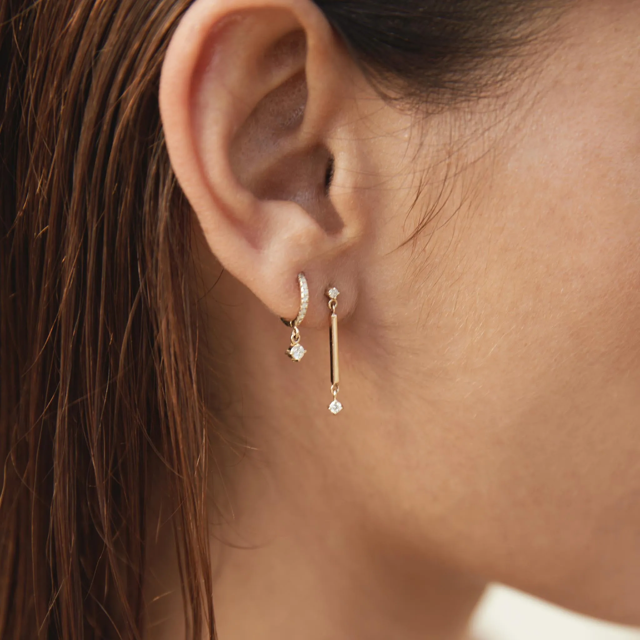 14k Gold Bar & 2 Prong Diamond Drop Earrings