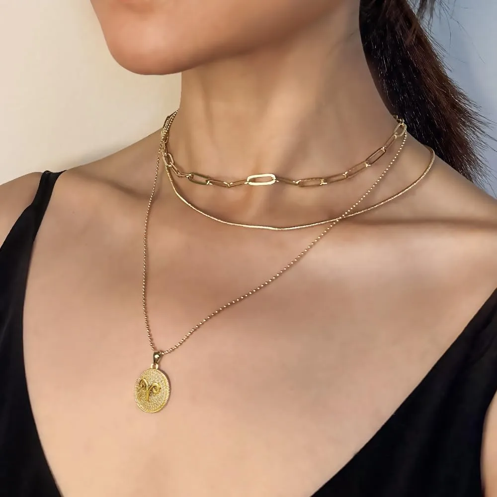 14K Gold Layered Necklace for Women | Zodiac Constellation Pendant | Paperclip, Snake & Ball Chain Necklace | Trendy Statement Jewelry 12 Constellation
