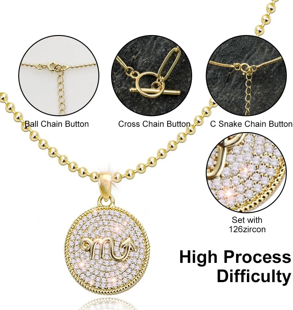 14K Gold Layered Necklace for Women | Zodiac Constellation Pendant | Paperclip, Snake & Ball Chain Necklace | Trendy Statement Jewelry 12 Constellation