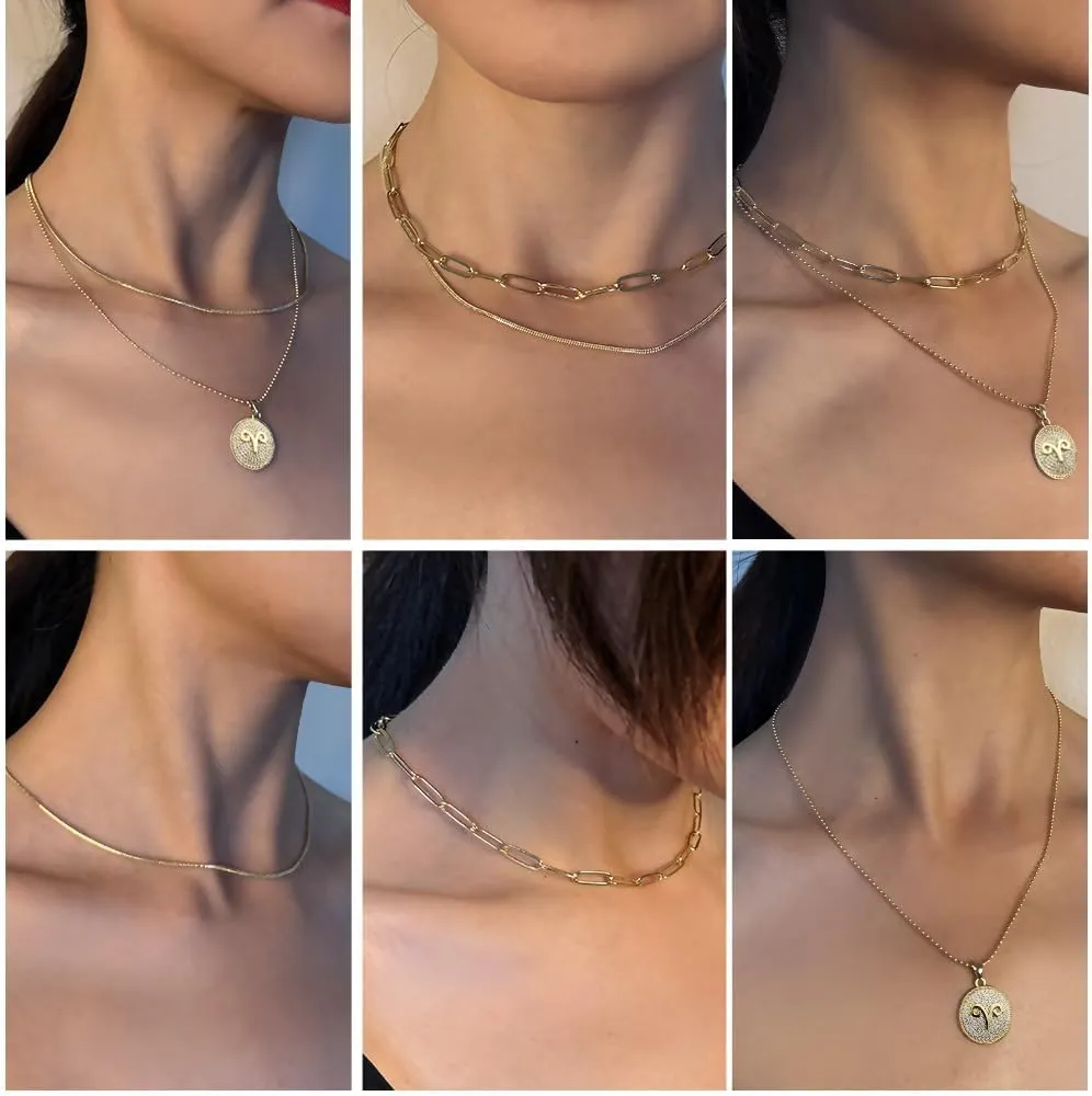 14K Gold Layered Necklace for Women | Zodiac Constellation Pendant | Paperclip, Snake & Ball Chain Necklace | Trendy Statement Jewelry 12 Constellation