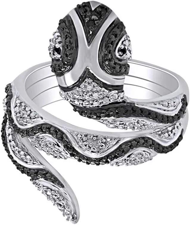 14k Gold Over Sterling Silver Enhanced Black Natural Diamond Accent Snake Ring For Women(0.01 Carat, Color - Black, Clarity I2-I3) Valentine's Day Gift For Her