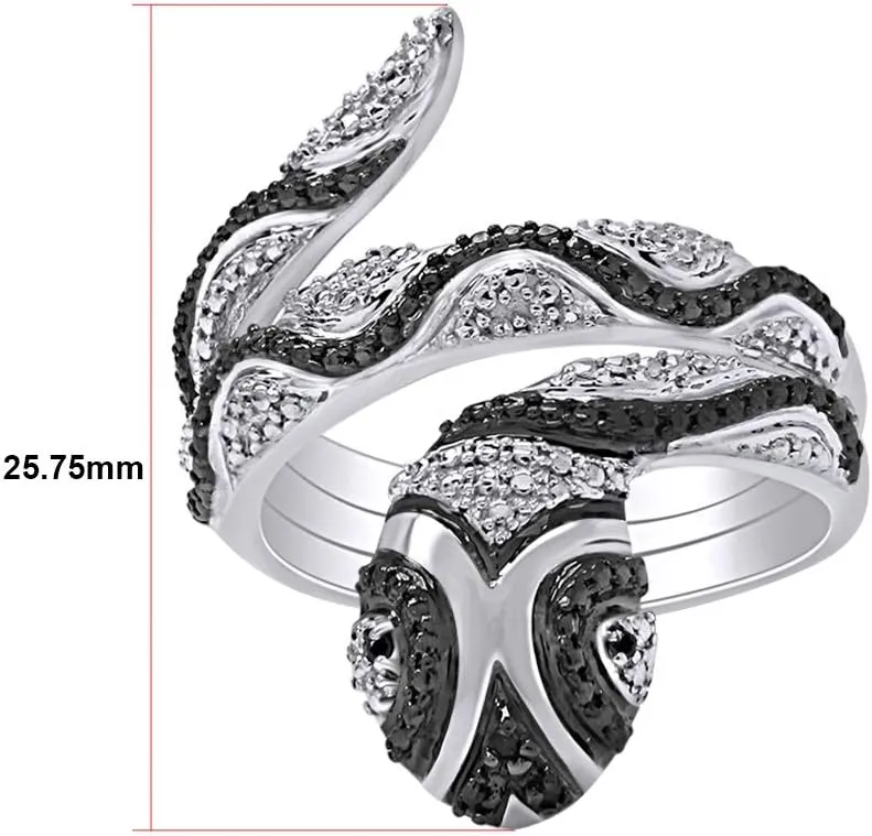 14k Gold Over Sterling Silver Enhanced Black Natural Diamond Accent Snake Ring For Women(0.01 Carat, Color - Black, Clarity I2-I3) Valentine's Day Gift For Her