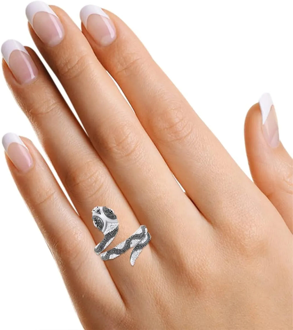 14k Gold Over Sterling Silver Enhanced Black Natural Diamond Accent Snake Ring For Women(0.01 Carat, Color - Black, Clarity I2-I3) Valentine's Day Gift For Her