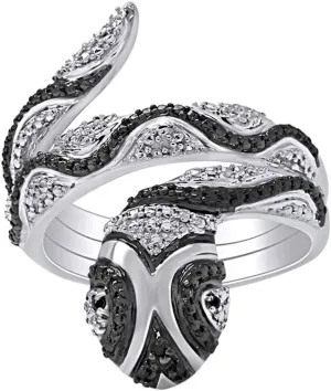 14k Gold Over Sterling Silver Enhanced Black Natural Diamond Accent Snake Ring For Women(0.01 Carat, Color - Black, Clarity I2-I3) Valentine's Day Gift For Her