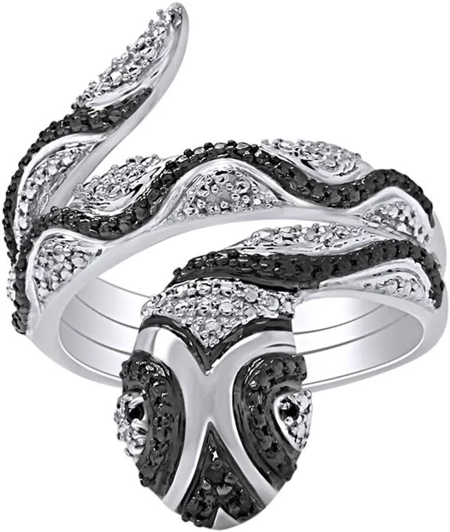 14k Gold Over Sterling Silver Enhanced Black Natural Diamond Accent Snake Ring For Women(0.01 Carat, Color - Black, Clarity I2-I3) Valentine's Day Gift For Her