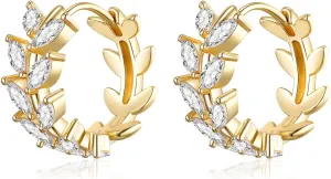 14K Gold Plated Huggie Hoop Earrings for Women Hypoallergenic 925 Sterling Silver Cubic Zirconia Olive Leaf Hoop Earrings Jewelry Gifts