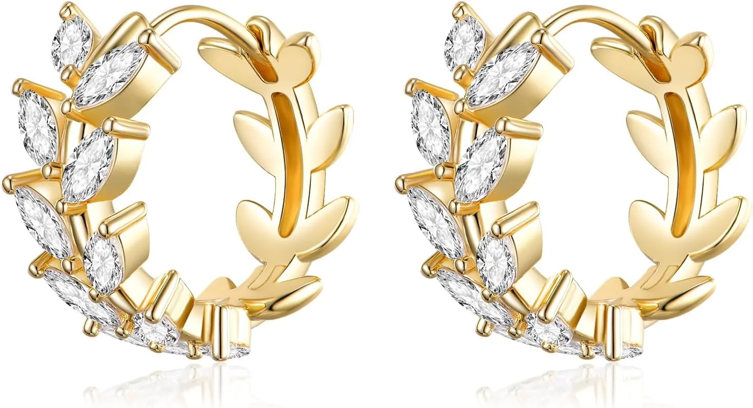 14K Gold Plated Huggie Hoop Earrings for Women Hypoallergenic 925 Sterling Silver Cubic Zirconia Olive Leaf Hoop Earrings Jewelry Gifts