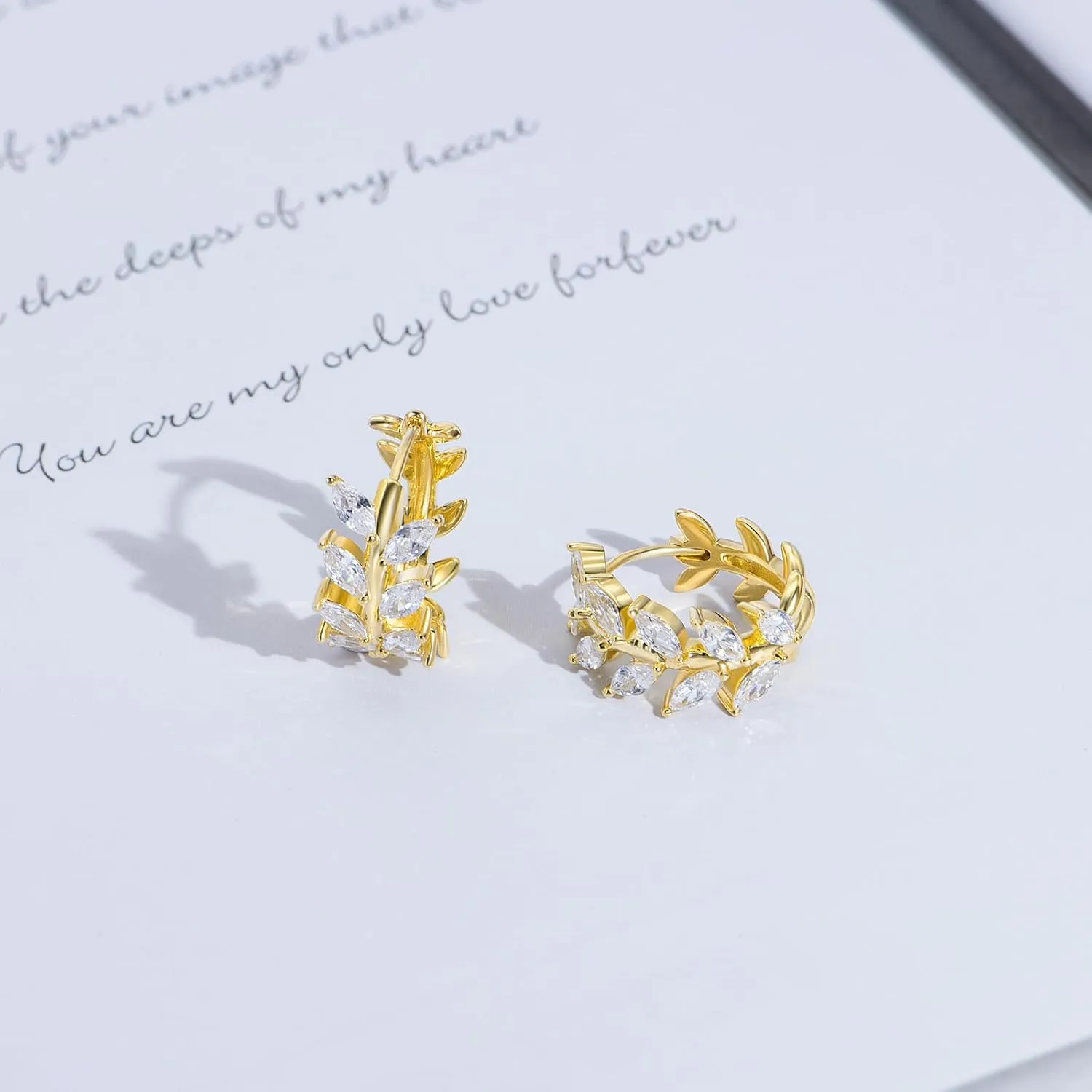 14K Gold Plated Huggie Hoop Earrings for Women Hypoallergenic 925 Sterling Silver Cubic Zirconia Olive Leaf Hoop Earrings Jewelry Gifts