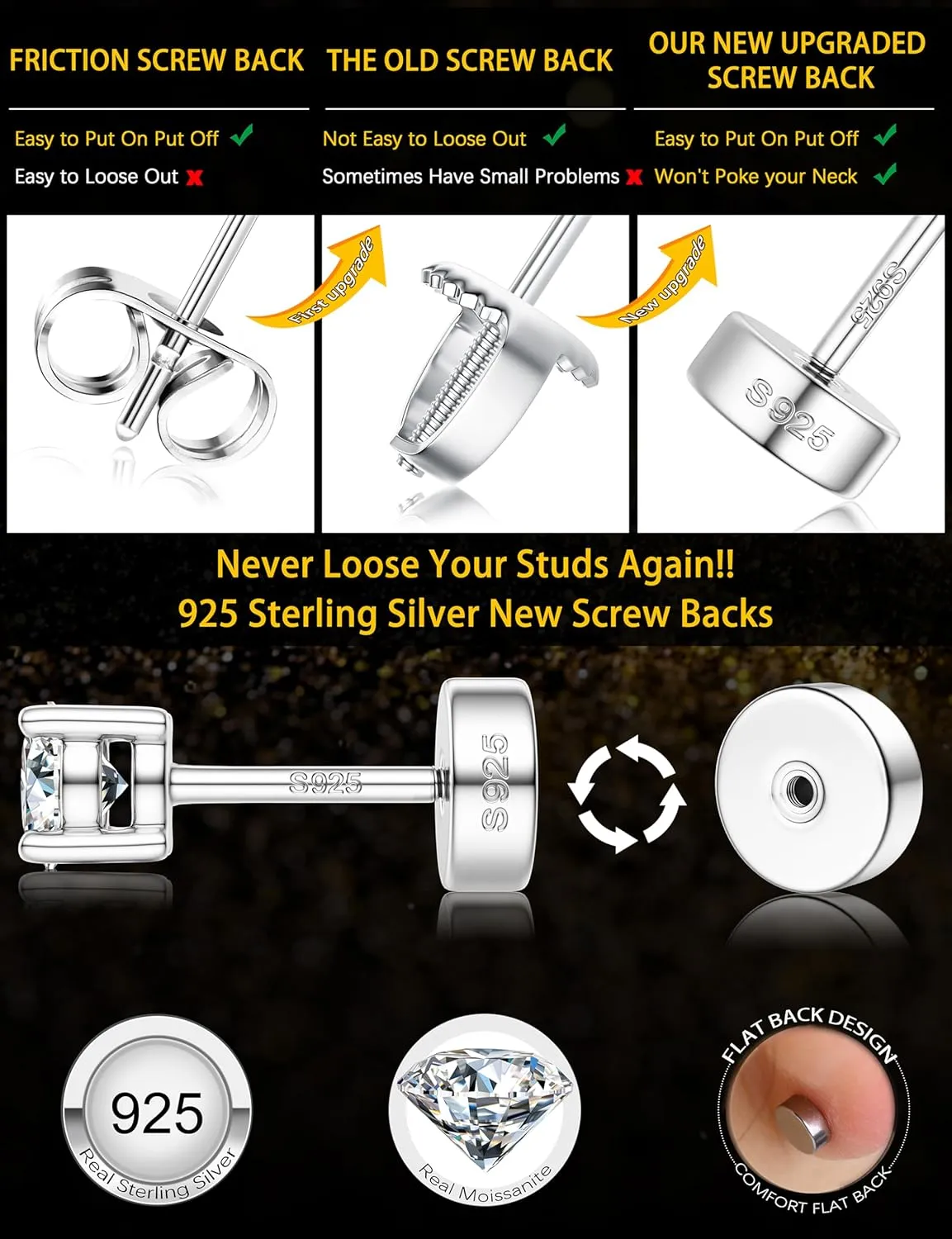 14K Gold Plated Moissanite Stud Earrings with Flat Back,925 Sterling Silver Moissanite Earring for Women Men,Small Round Cut D Color VVS1 Stud Earrings Hypoallergenic Jewelry Gift