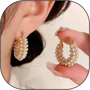 14K Gold Plated Pearl Huggie Hoop Earring for Women,Chunky Statement Round Drop Dangle Earring,Dainty Prom Wedding Anniversary Jewelry Gift
