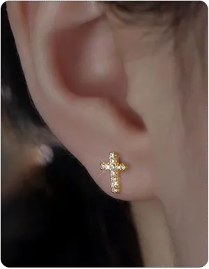 14K Gold Plated Small Cross Stud Earrings, Hypoallergenic Pave CZ Tiny Gold Cross Stud Earrings for women