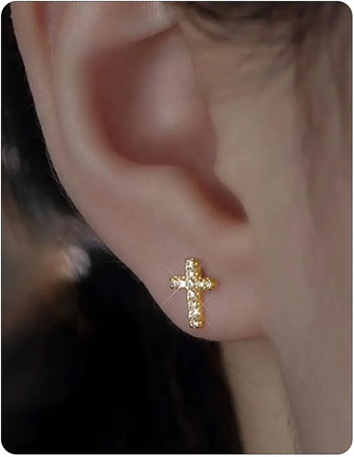 14K Gold Plated Small Cross Stud Earrings, Hypoallergenic Pave CZ Tiny Gold Cross Stud Earrings for women