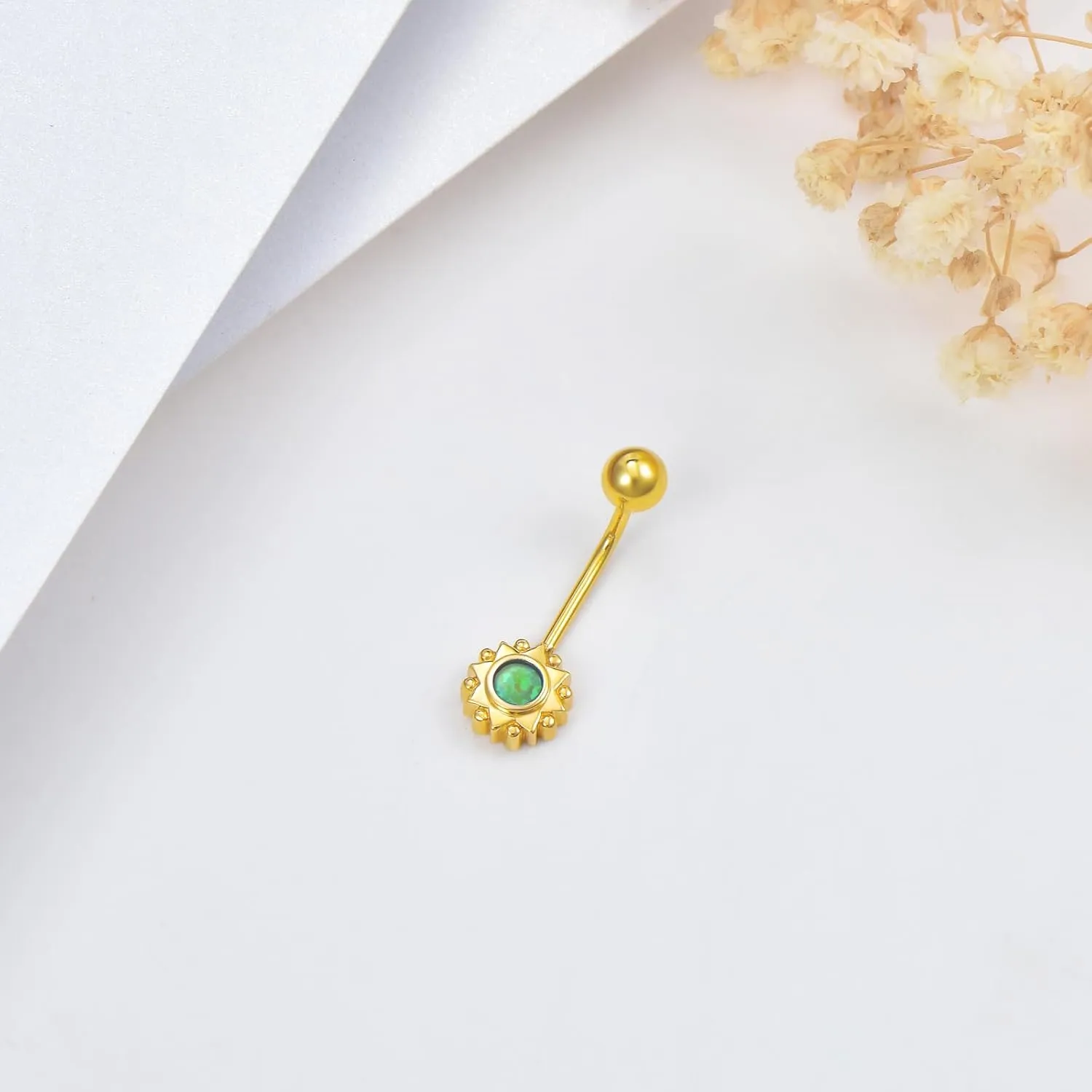 14K Solid Gold Belly Button Rings 14G Yellow Gold Sun Symbol Belly Button Rings Chic 14K Gold Flower Dangle Belly Button Rings Body Piercing Jewelry for Women