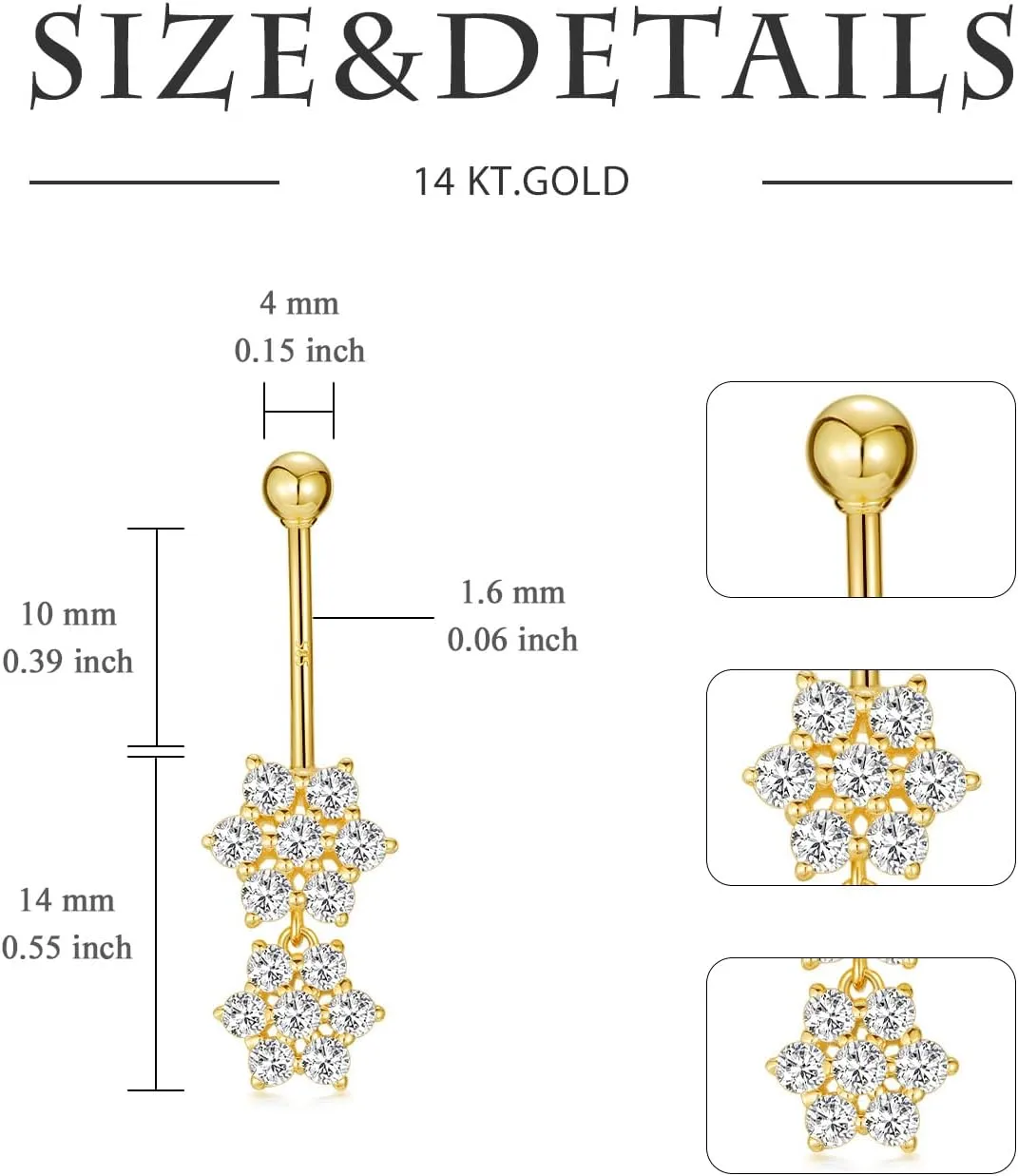 14K Solid Gold Belly Button Rings 14G Yellow Gold Sun Symbol Belly Button Rings Chic 14K Gold Flower Dangle Belly Button Rings Body Piercing Jewelry for Women
