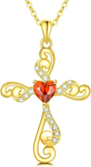 14K Solid Gold Cross Necklace for Women,14kt Real Gold Crucifix Cross Religious Pendant Necklace Jewelry with Heart Shape Garnet Gifts for Her Wife Mom Birthday Christmas,16"-18"