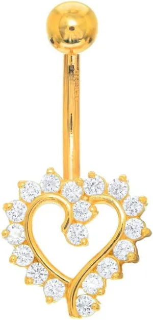 14k Solid Gold Yellow Belly Open Heart CZ Navel Ring Body Jewelry