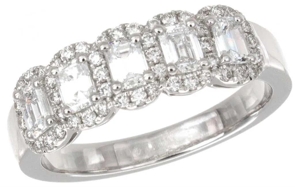 14K White Gold 1.02ctw Five Stone Emerald Cut Diamond Halo Band