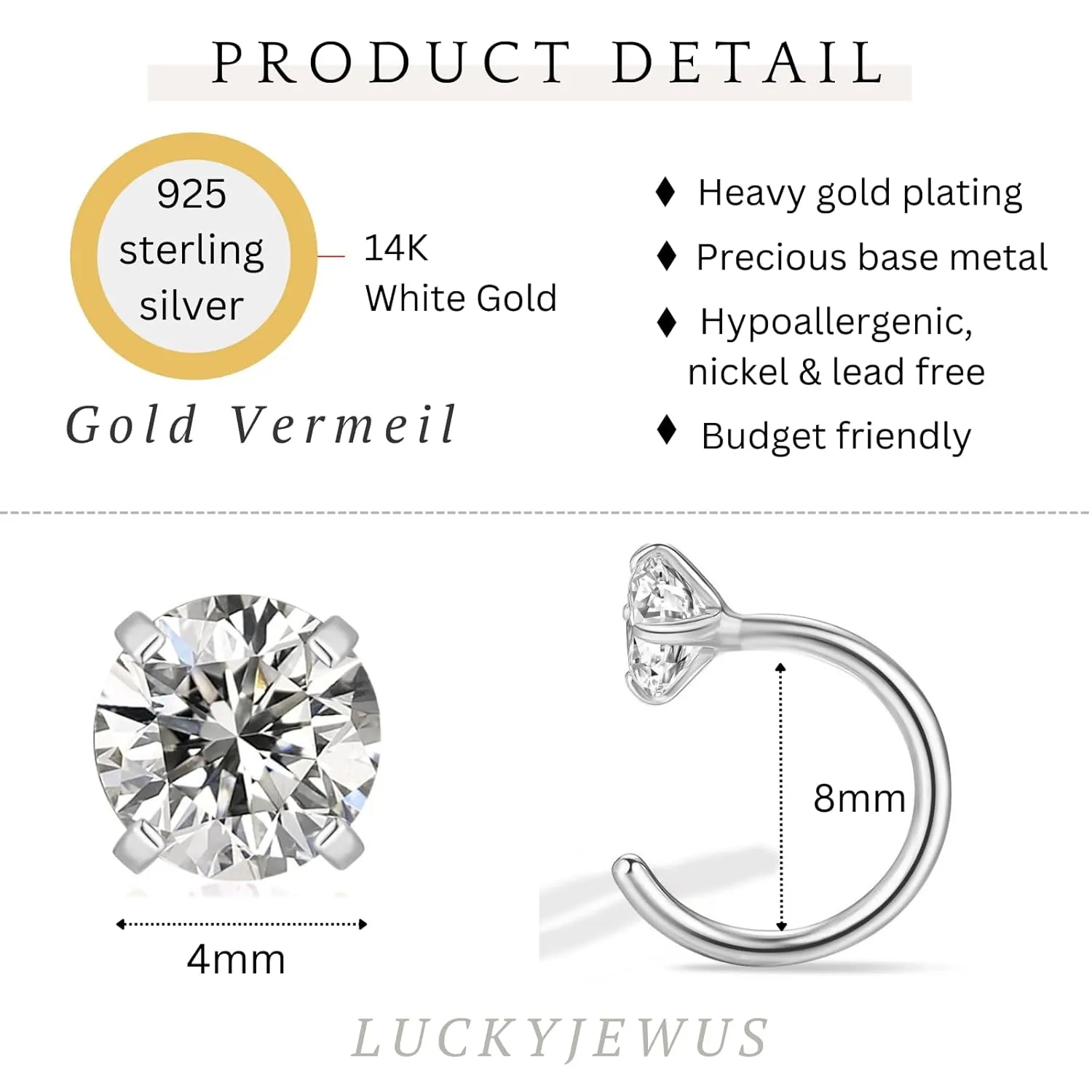 14k White Gold Plated 925 Sterling Silver Small Huggie Hoop Earrings for Women