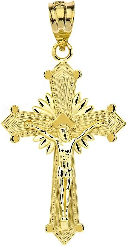 14K Yellow Gold Natal Starburst Crucifix Jesus Christ on the Holy Cross Pendant Charm