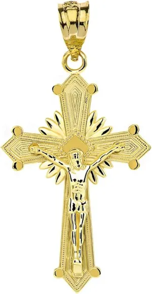 14K Yellow Gold Natal Starburst Crucifix Jesus Christ on the Holy Cross Pendant Charm