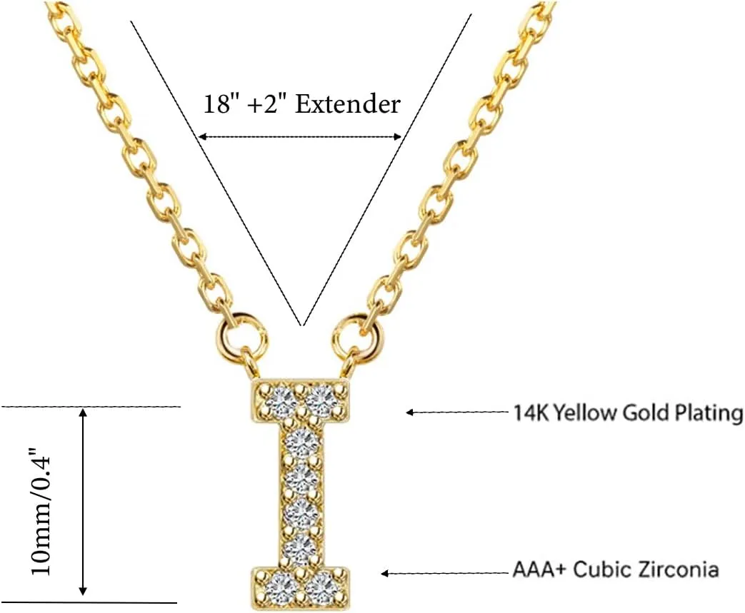 14K Yellow Gold Plated Cubic Zirconia Initial Necklace | Initial Pendant Letter A-Z Necklace for Women