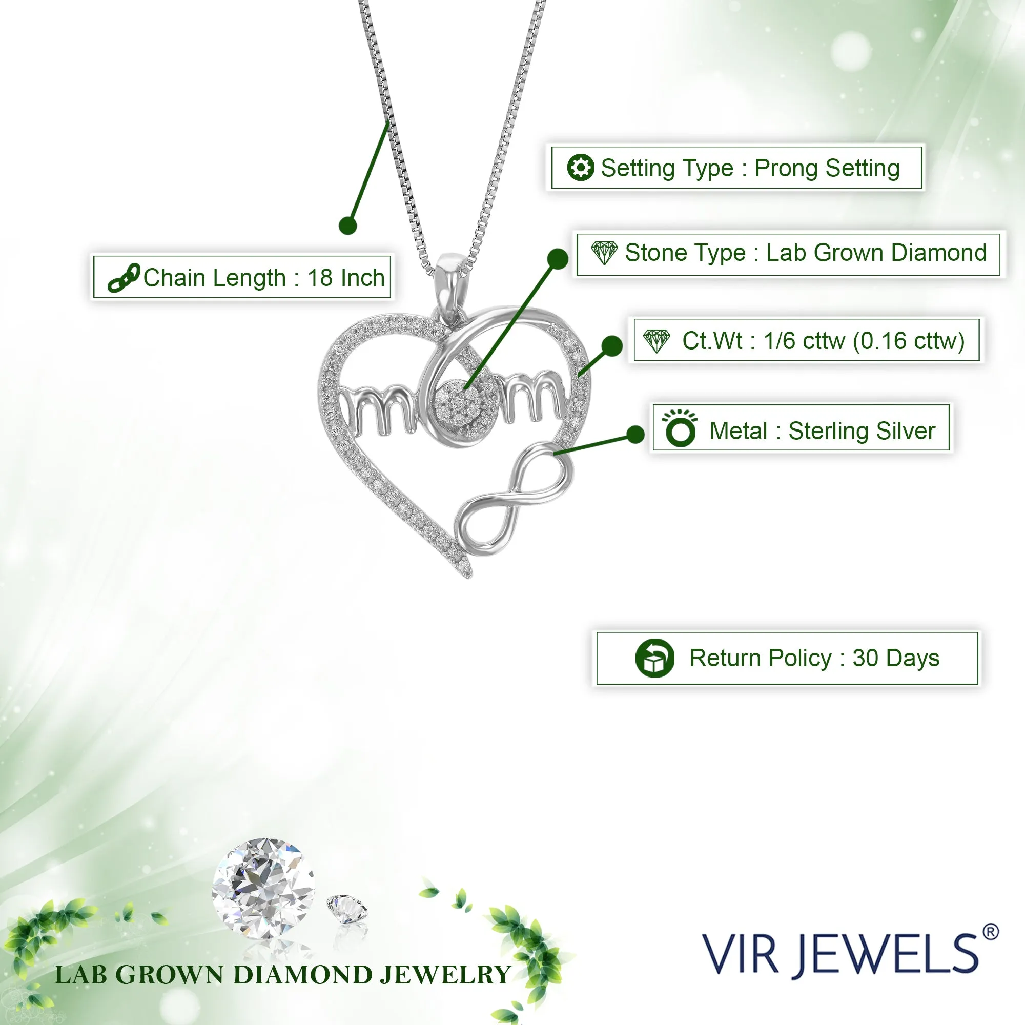 1/6 cttw Lab Grown Diamond Mom Heart Pendant Necklaces in Silver