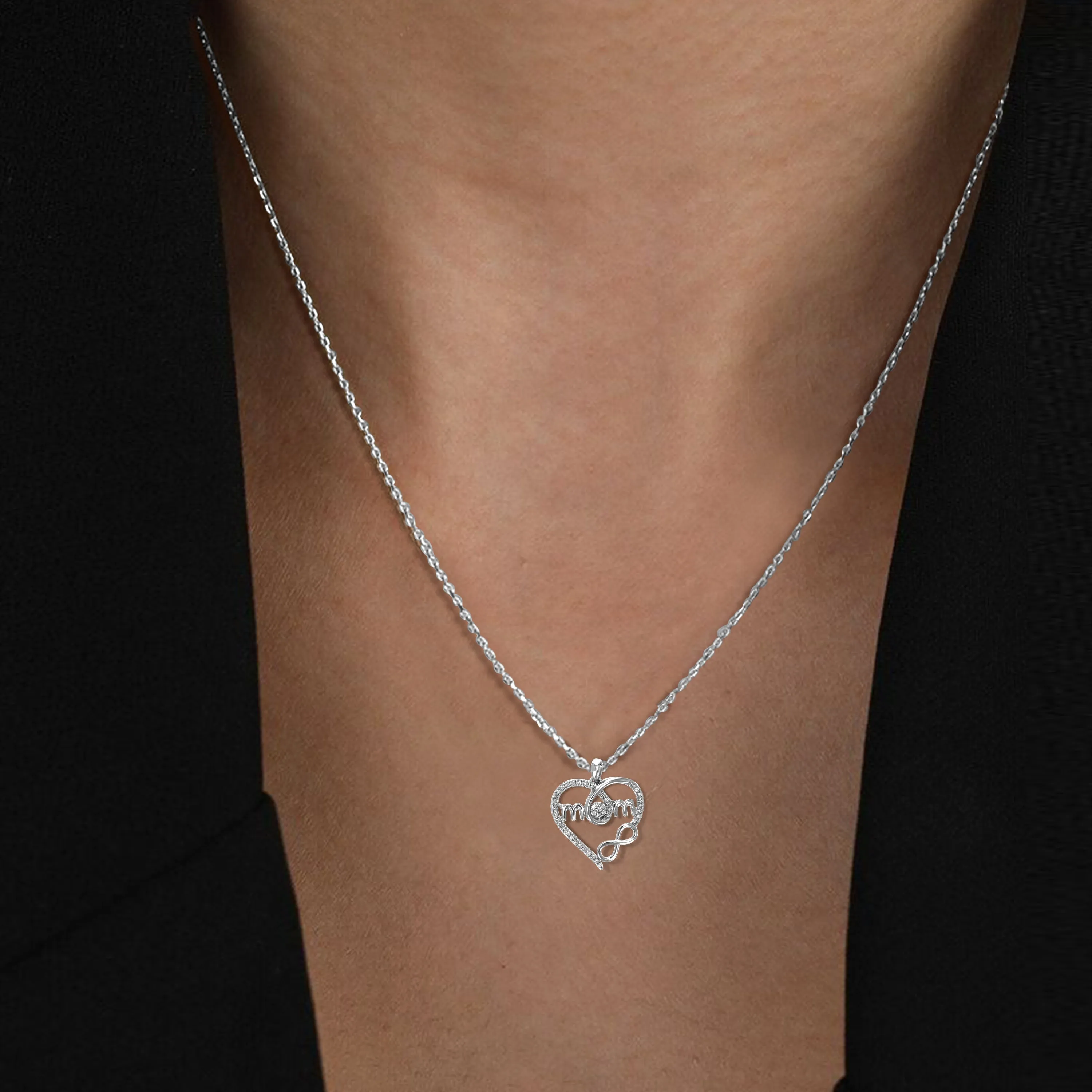 1/6 cttw Lab Grown Diamond Mom Heart Pendant Necklaces in Silver