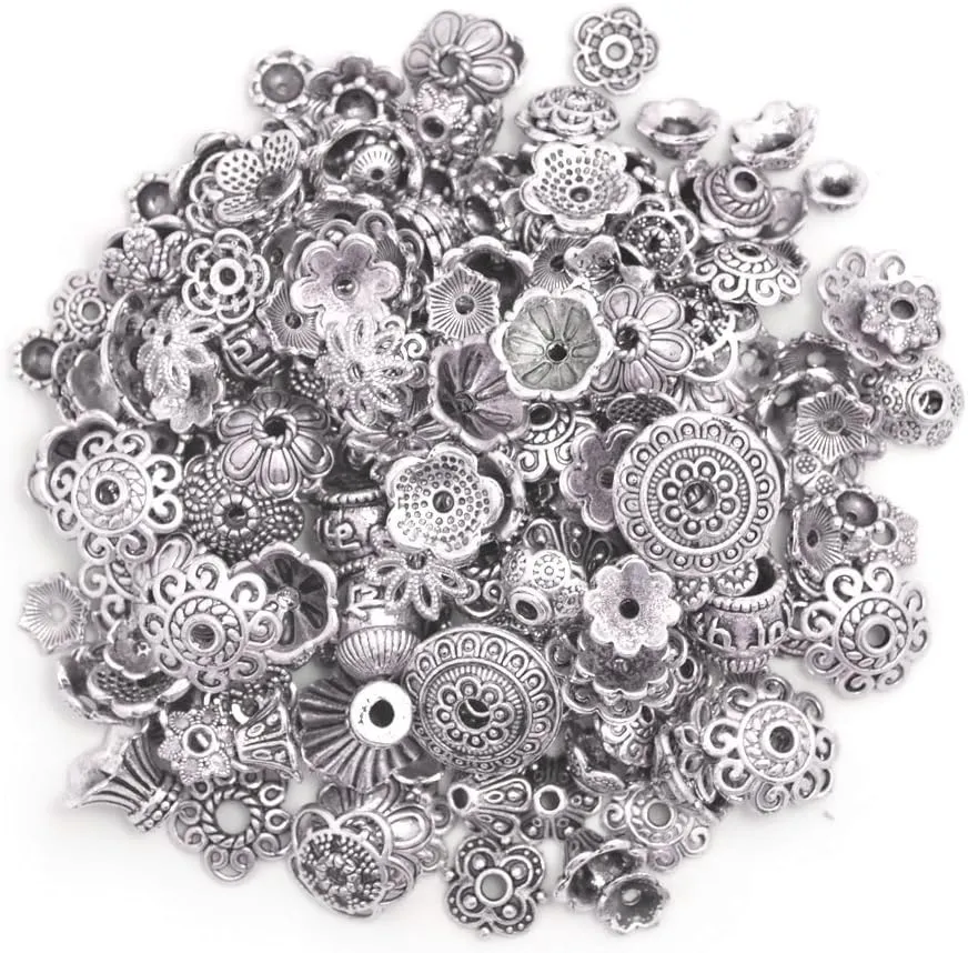 160-210pcs Bali Style Jewelry Making Metal Bead Caps Deluxe New Mix, 100 Gram,Tibetan Silver