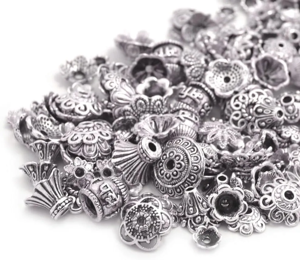 160-210pcs Bali Style Jewelry Making Metal Bead Caps Deluxe New Mix, 100 Gram,Tibetan Silver