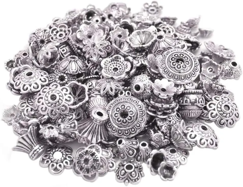 160-210pcs Bali Style Jewelry Making Metal Bead Caps Deluxe New Mix, 100 Gram,Tibetan Silver