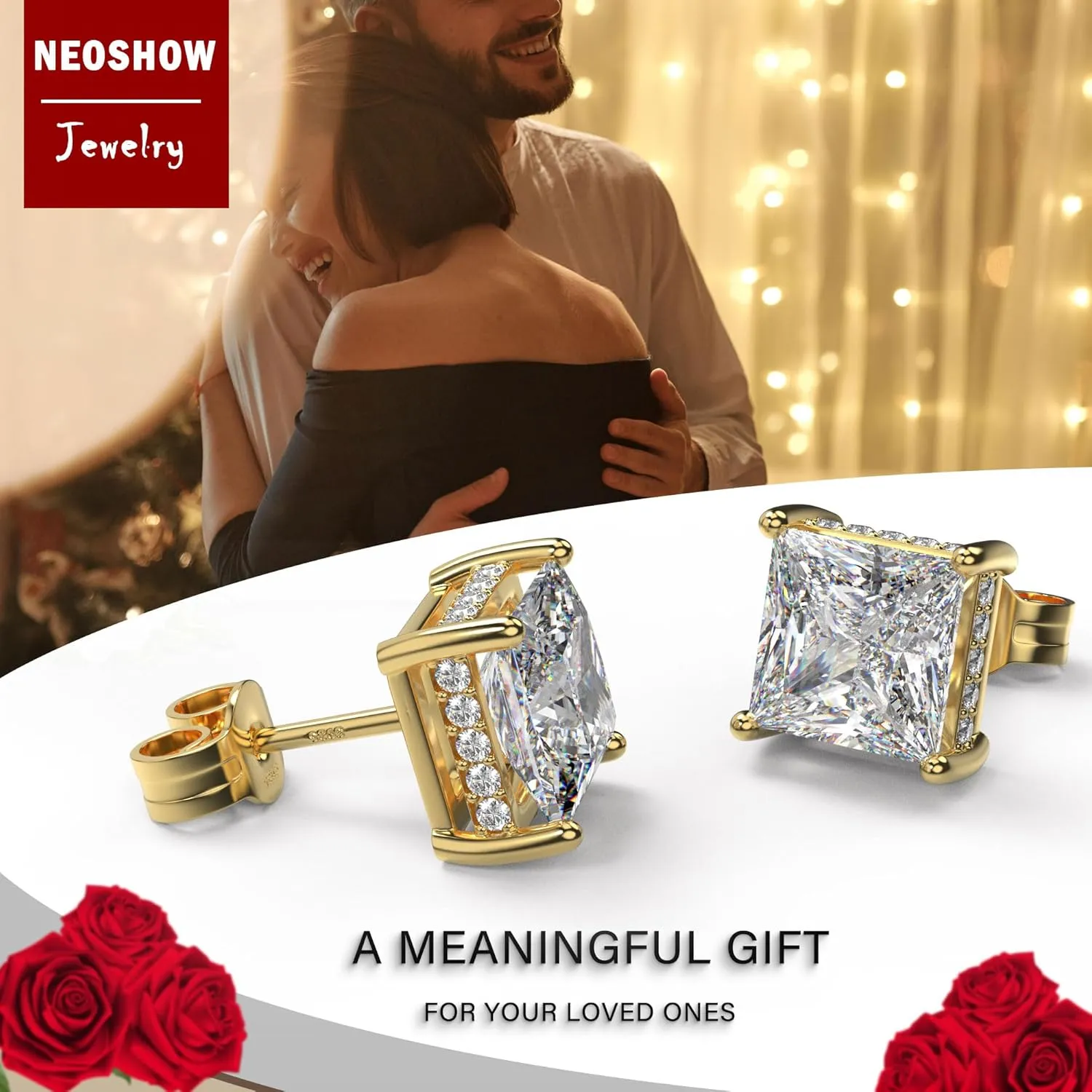 18K White Gold Plated Sterling Silver Princess Cut Cubic Zirconia Stud Earrings Square Simulated Diamond CZ Stud Earrings for Women Men Hypoallergenic