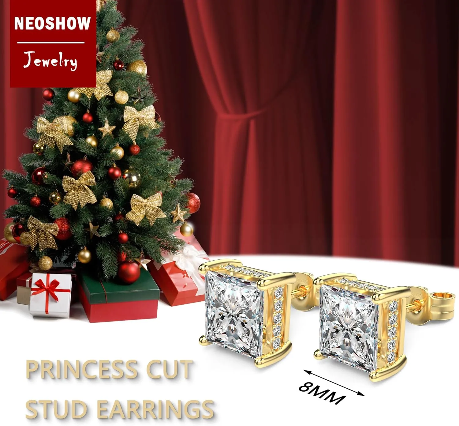 18K White Gold Plated Sterling Silver Princess Cut Cubic Zirconia Stud Earrings Square Simulated Diamond CZ Stud Earrings for Women Men Hypoallergenic