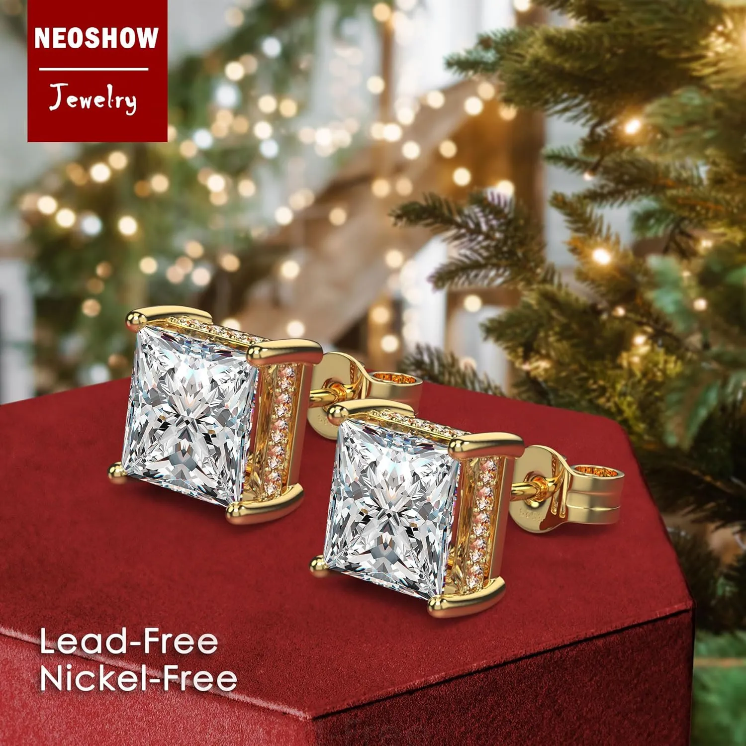 18K White Gold Plated Sterling Silver Princess Cut Cubic Zirconia Stud Earrings Square Simulated Diamond CZ Stud Earrings for Women Men Hypoallergenic